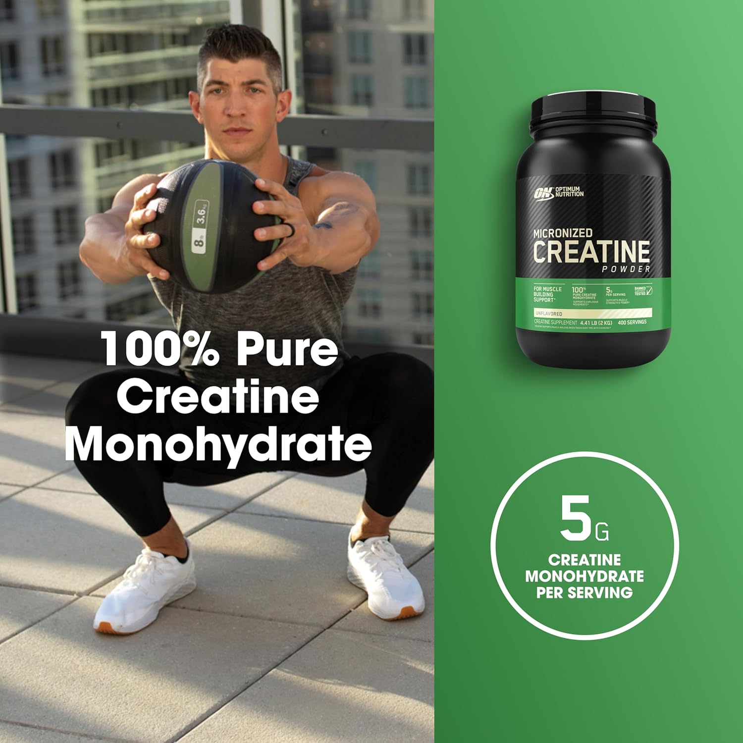 400 Servings of Unflavored Optimum Nutrition Micronized Creatine Monohydrate Powder - 2000 Grams