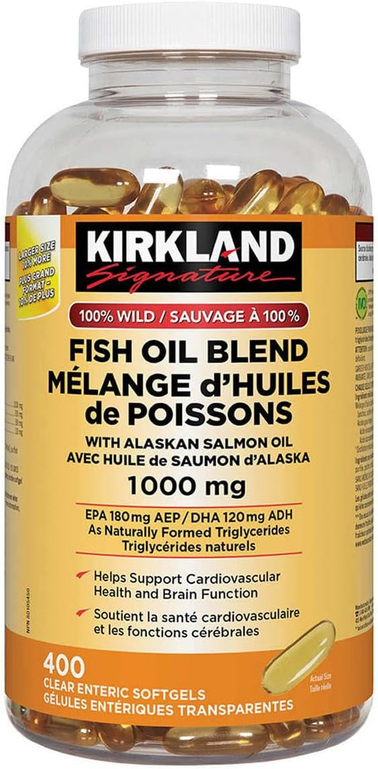 400 Softgels of Kirkland Signature Wild Fish Oil Blend with Alaskan Salmon Oil, 1000mg - Imported from Canada