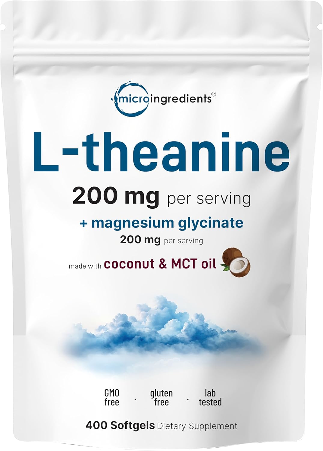 400 Softgels of Micro Ingredients L-Theanine 200mg & Magnesium Glycinate 200mg with Coconut MCT Oil | Natural Amino Acid & Mineral Complex for Muscle, Relaxation, & Focus Support