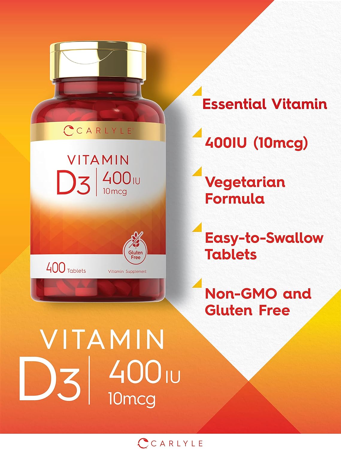 400 Tablets Carlyle Vitamin D3 Supplement | 400iu (10mcg) | Vegetarian, Non-GMO, Gluten Free