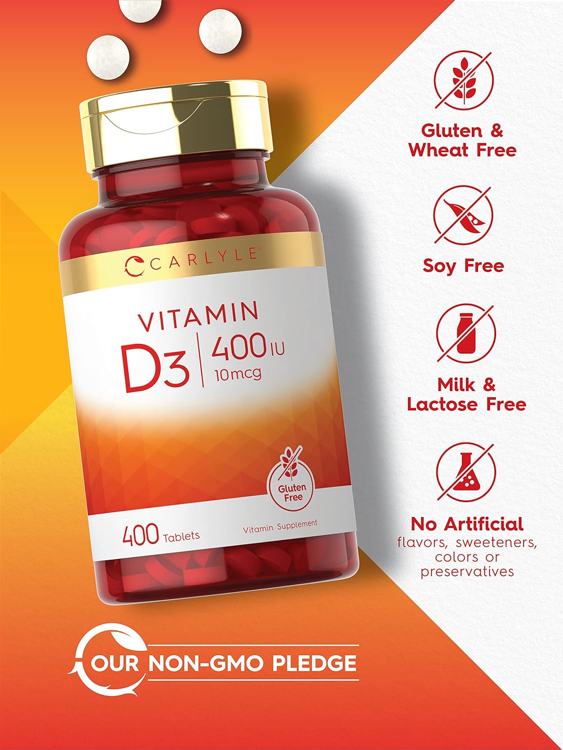 400 Tablets Carlyle Vitamin D3 Supplement | 400iu (10mcg) | Vegetarian, Non-GMO, Gluten Free