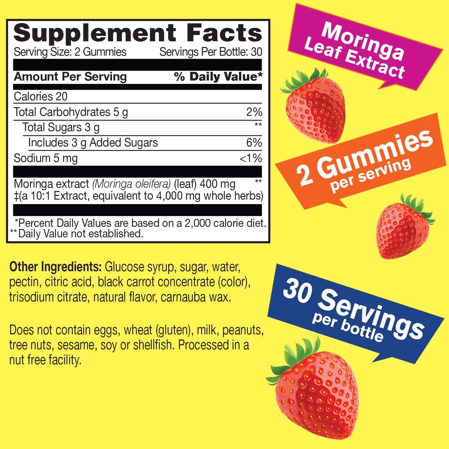 4,000mg Moringa Leaves Extract Gummies | Antioxidants & Immune Support | Gluten-Free, Non-GMO | Strawberry Flavor | 60 Count