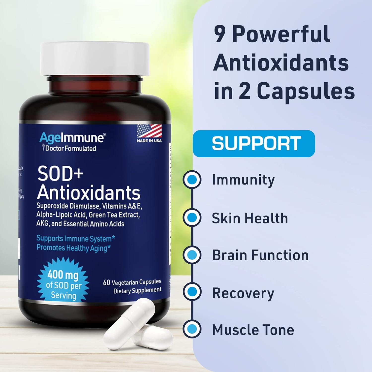 400mg AgeImmune SOD Antioxidants Complex Supplement for Healthy Aging - Alpha Lipoic Acid, L-Arginine, Lysine, AKG - Immune Support with Vitamin A & E - 60 Capsules