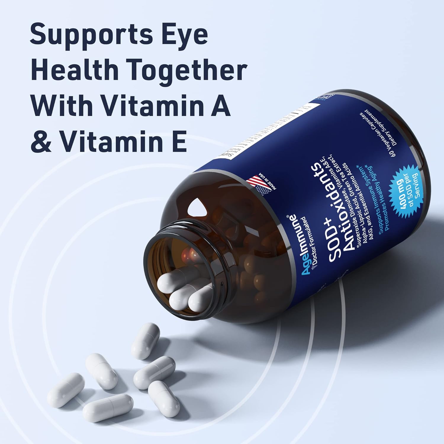 400mg AgeImmune SOD Antioxidants Complex Supplement for Healthy Aging - Alpha Lipoic Acid, L-Arginine, Lysine, AKG - Immune Support with Vitamin A & E - 60 Capsules