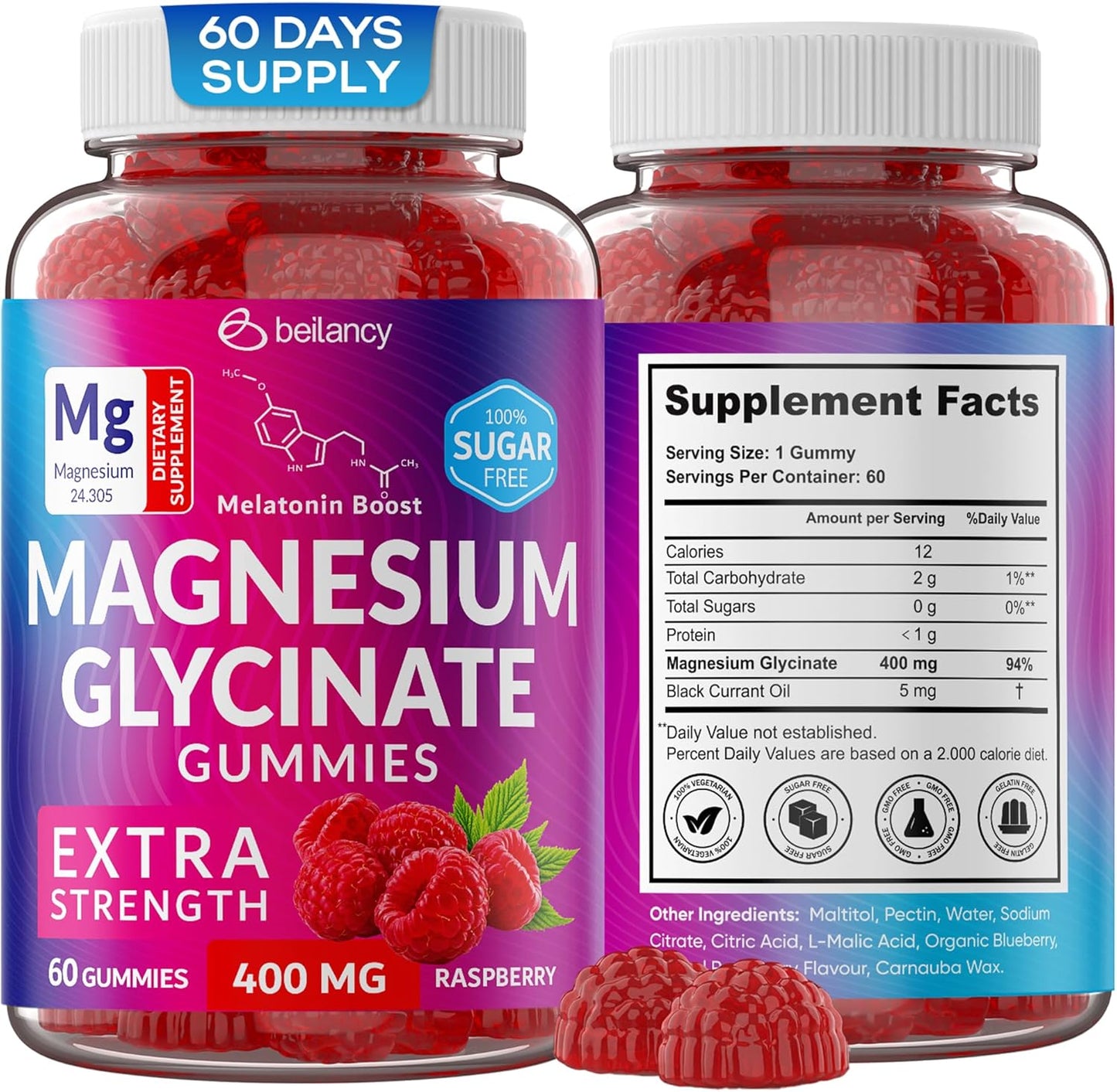400mg Beilancy Magnesium Glycinate Gummies for Body Support and Relaxation - Raspberry Flavored with Blackcurrant Oil for Adults - Non GMO and Gluten Free - 60 Day Supply