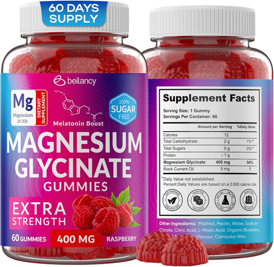 400mg Beilancy Magnesium Glycinate Gummies for Body Support and Relaxation - Raspberry Flavored with Blackcurrant Oil for Adults - Non GMO and Gluten Free - 60 Day Supply