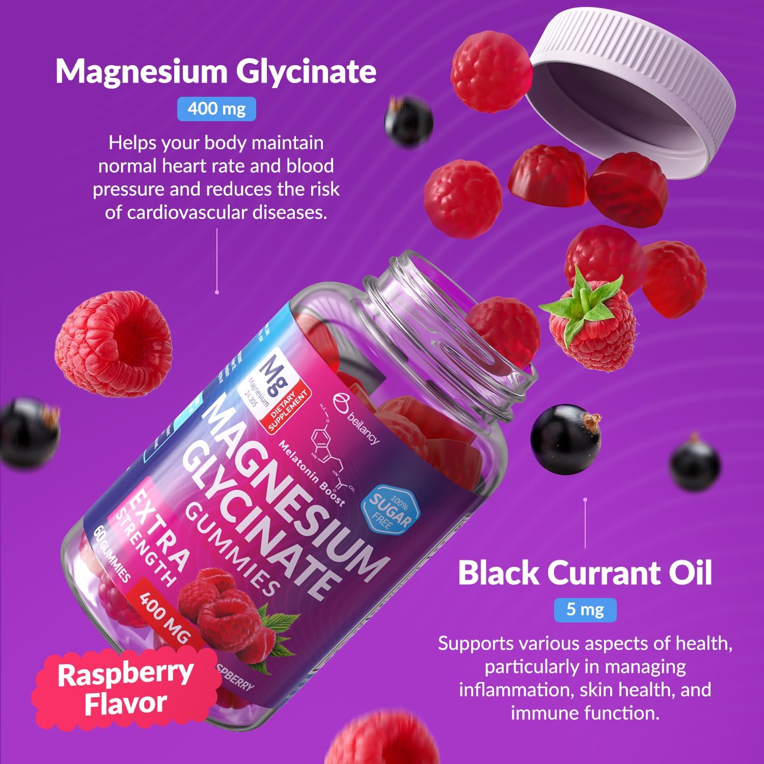 400mg Beilancy Magnesium Glycinate Gummies for Body Support and Relaxation - Raspberry Flavored with Blackcurrant Oil for Adults - Non GMO and Gluten Free - 60 Day Supply