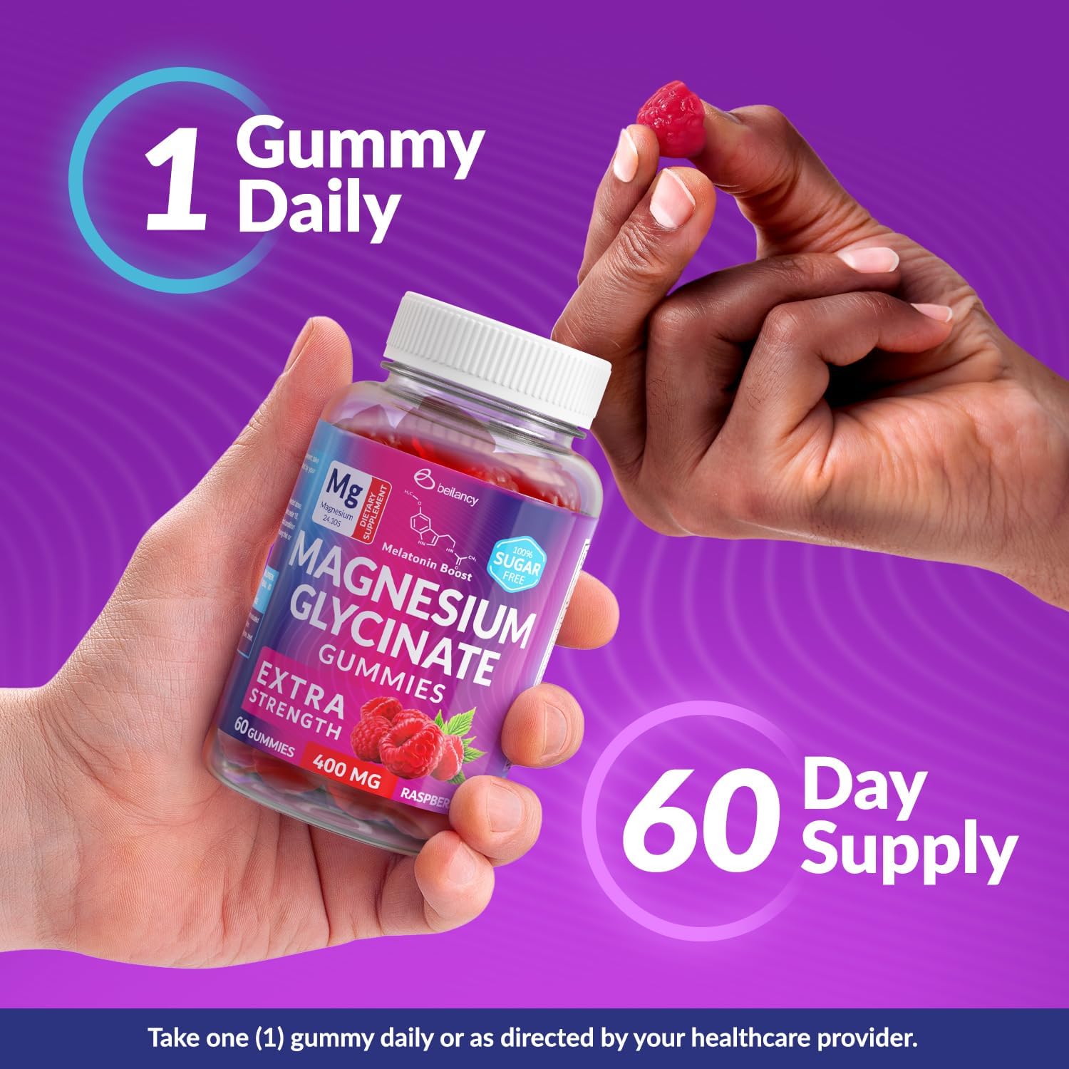 400mg Beilancy Magnesium Glycinate Gummies for Body Support and Relaxation - Raspberry Flavored with Blackcurrant Oil for Adults - Non GMO and Gluten Free - 60 Day Supply