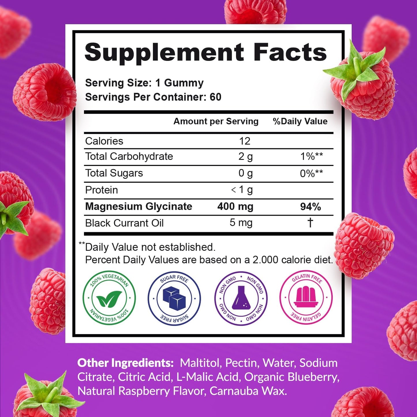 400mg Beilancy Magnesium Glycinate Gummies for Body Support and Relaxation - Raspberry Flavored with Blackcurrant Oil for Adults - Non GMO and Gluten Free - 60 Day Supply