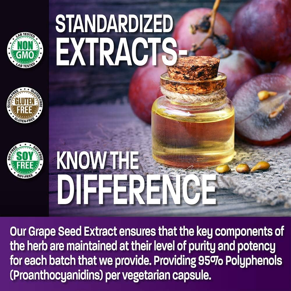 400mg Bronson Grape Seed Extract - Powerful Antioxidant & Immune Booster - 95% Proanthocyanidins - Non-GMO, 90 Veg Caps