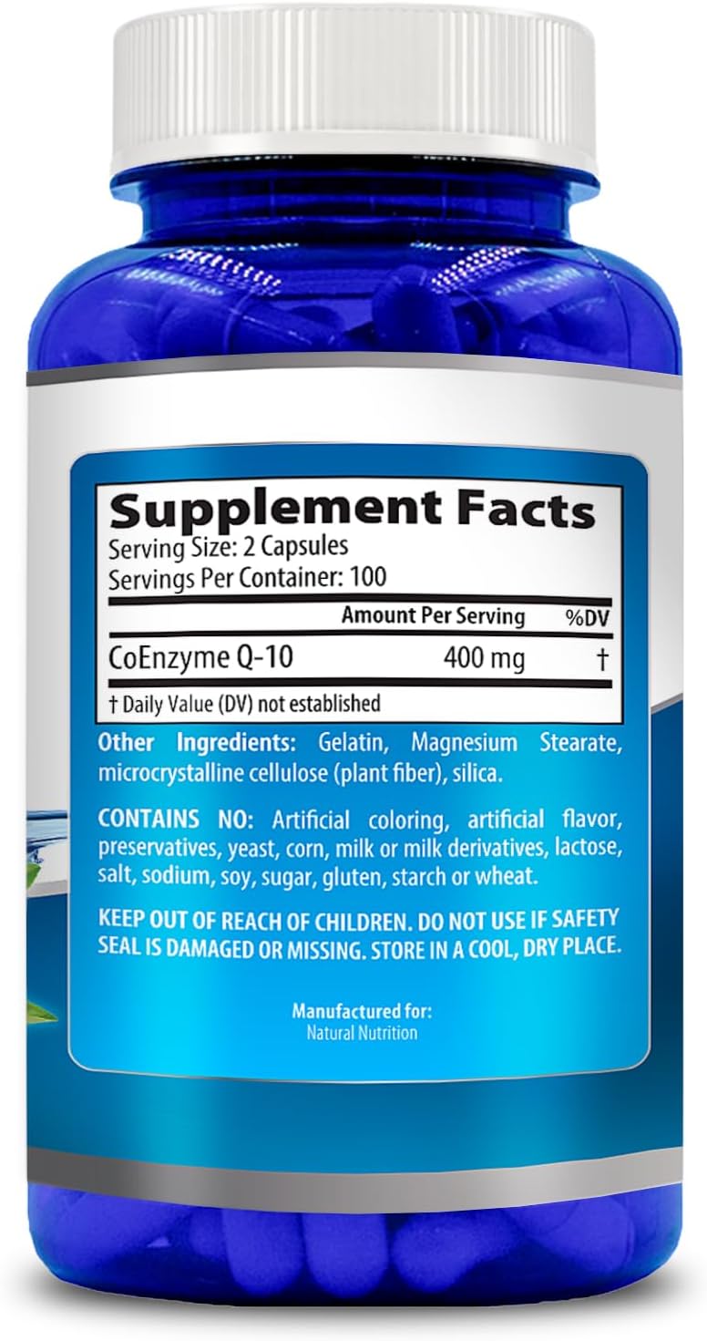 400mg CoQ10 Capsules - 200 Count, High Absorption Natural Vitamin Supplement, Maximum Strength, Gluten Free & Non-GMO