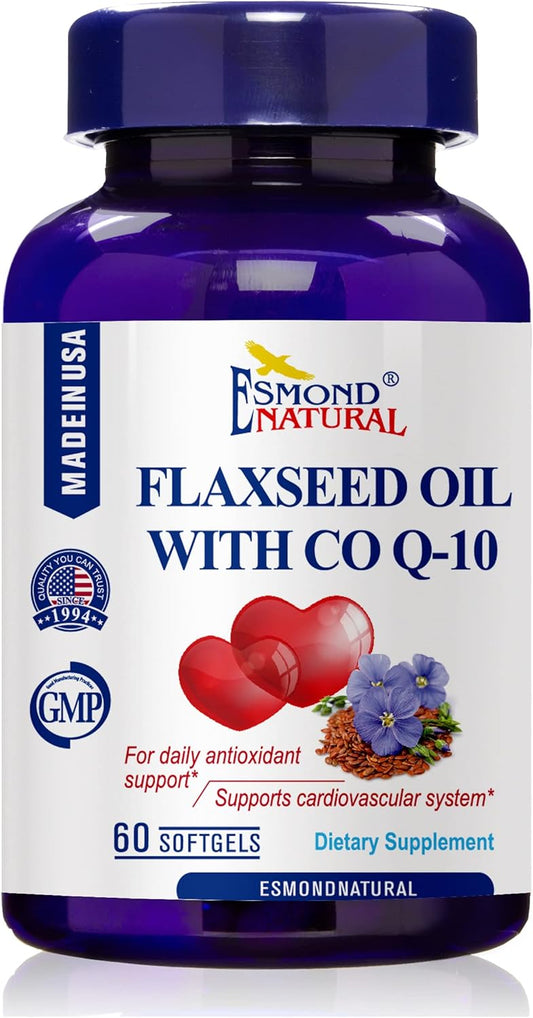 400mg Flaxseed Oil with CO Q-10 Softgels for Cardiovascular Support - GMP Certified, Made in USA