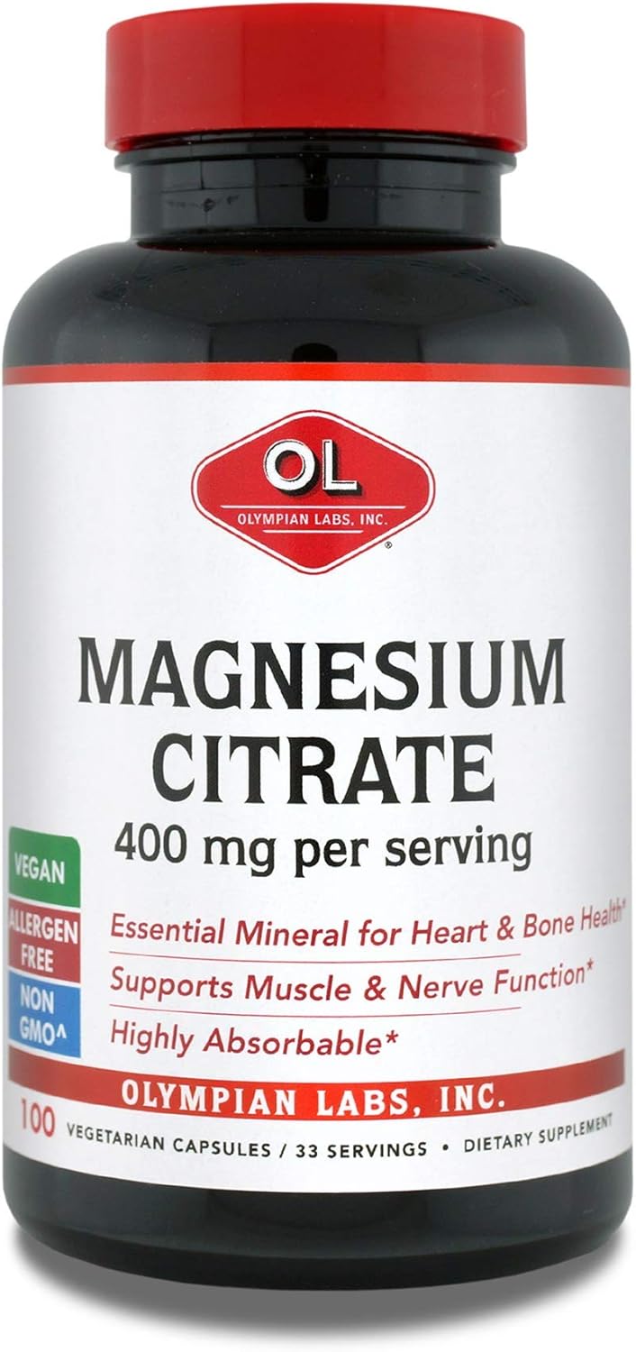 400mg Magnesium Citrate Capsules - Supports Nervous System, Muscle & Bone - 100 Capsules, 33 Servings