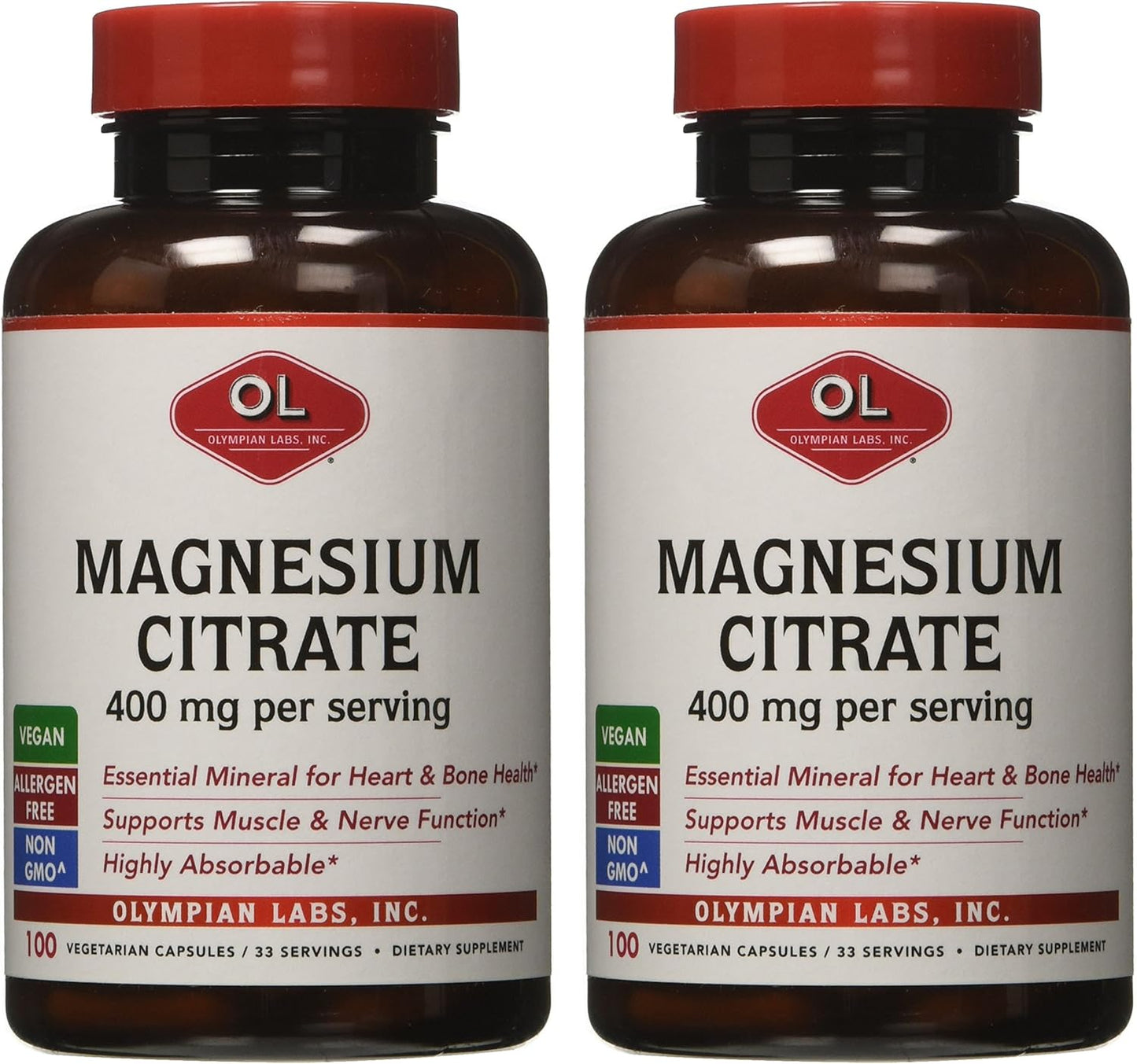 400mg Magnesium Citrate Capsules - Supports Nervous System, Muscle & Bone - 100 Capsules, 33 Servings