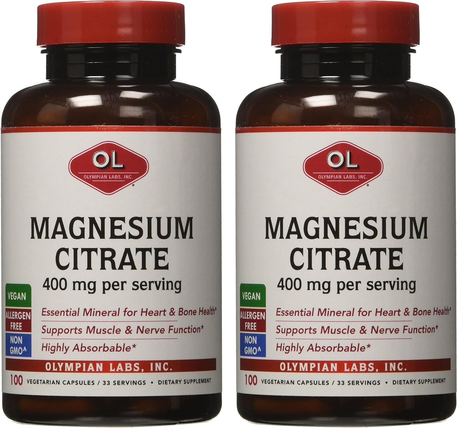 400mg Magnesium Citrate Capsules - Supports Nervous System, Muscle & Bone - 100 Capsules, 33 Servings