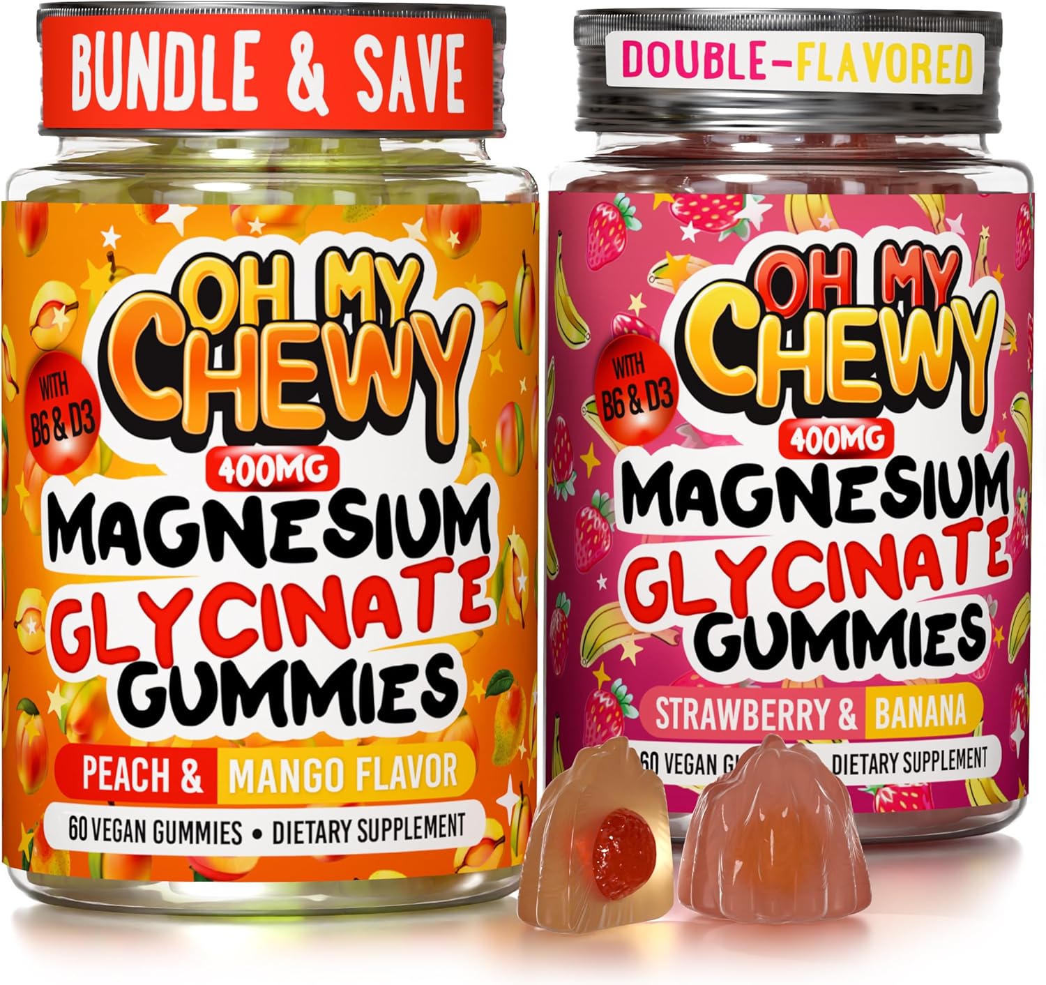 400MG Magnesium Glycinate with D3 & B6 Chewable Supplement for Adults and Kids - 60 Calm Chews - Peach, Mango, Strawberry, Banana