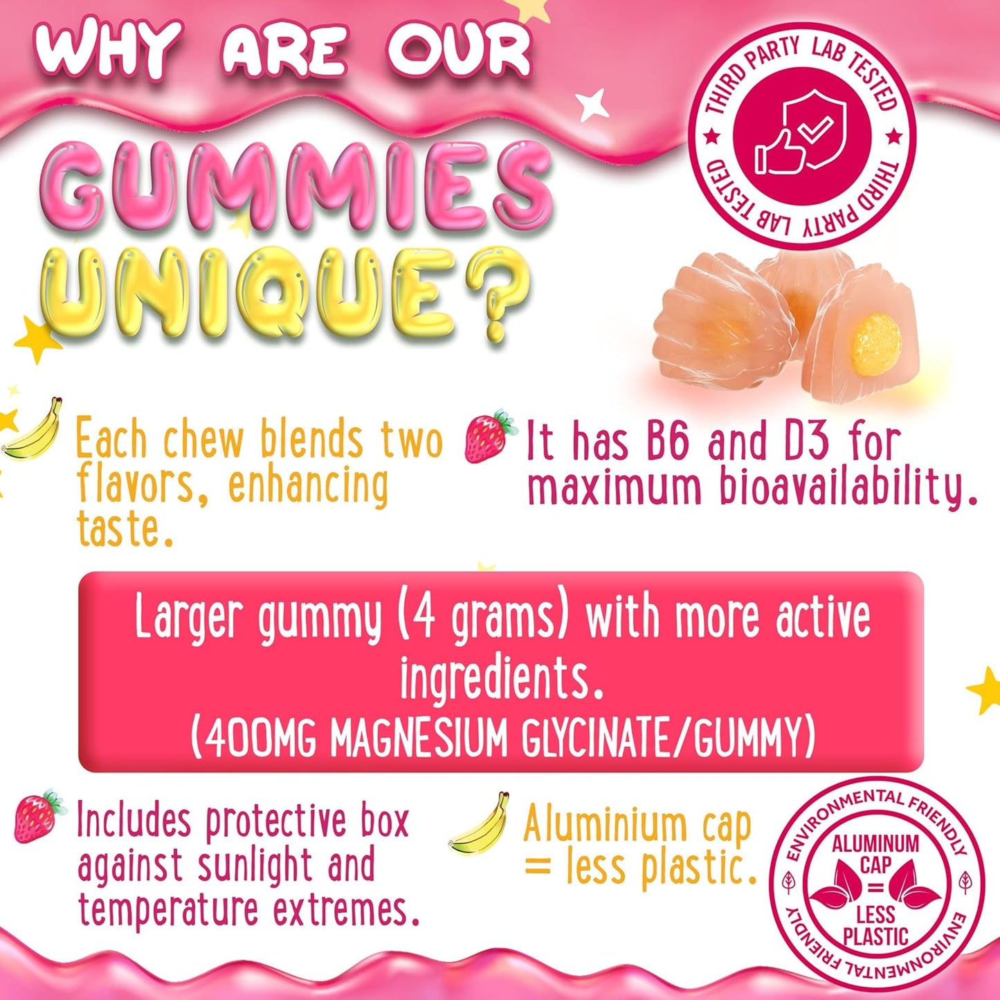 400MG Magnesium Glycinate with D3 & B6 Chewable Supplement for Adults and Kids - 60 Calm Chews - Peach, Mango, Strawberry, Banana