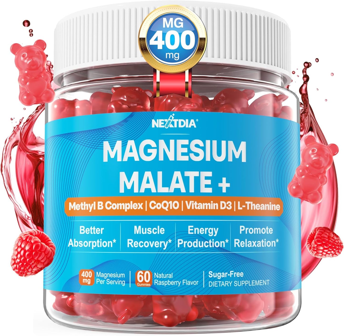 400mg Magnesium Malate Gummies with CoQ10, L-Theanine, and Vitamin D3 for Energy, Muscle, Calm & Relaxation Support - Sugar-Free Supplement with B6, B12, and Folate 5-MTHF - 1 Pack