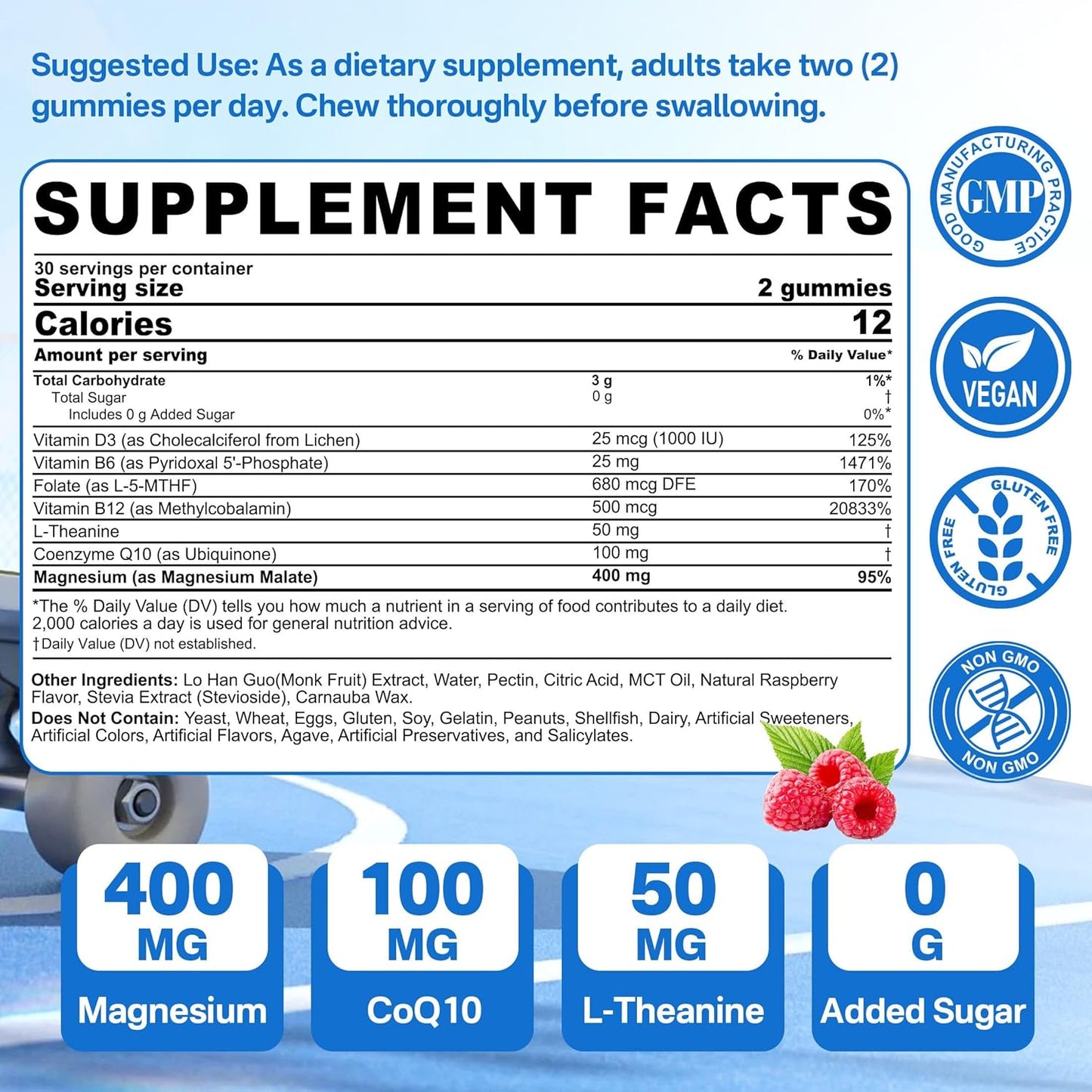 400mg Magnesium Malate Gummies with CoQ10, L-Theanine, and Vitamin D3 for Energy, Muscle, Calm & Relaxation Support - Sugar-Free Supplement with B6, B12, and Folate 5-MTHF - 1 Pack