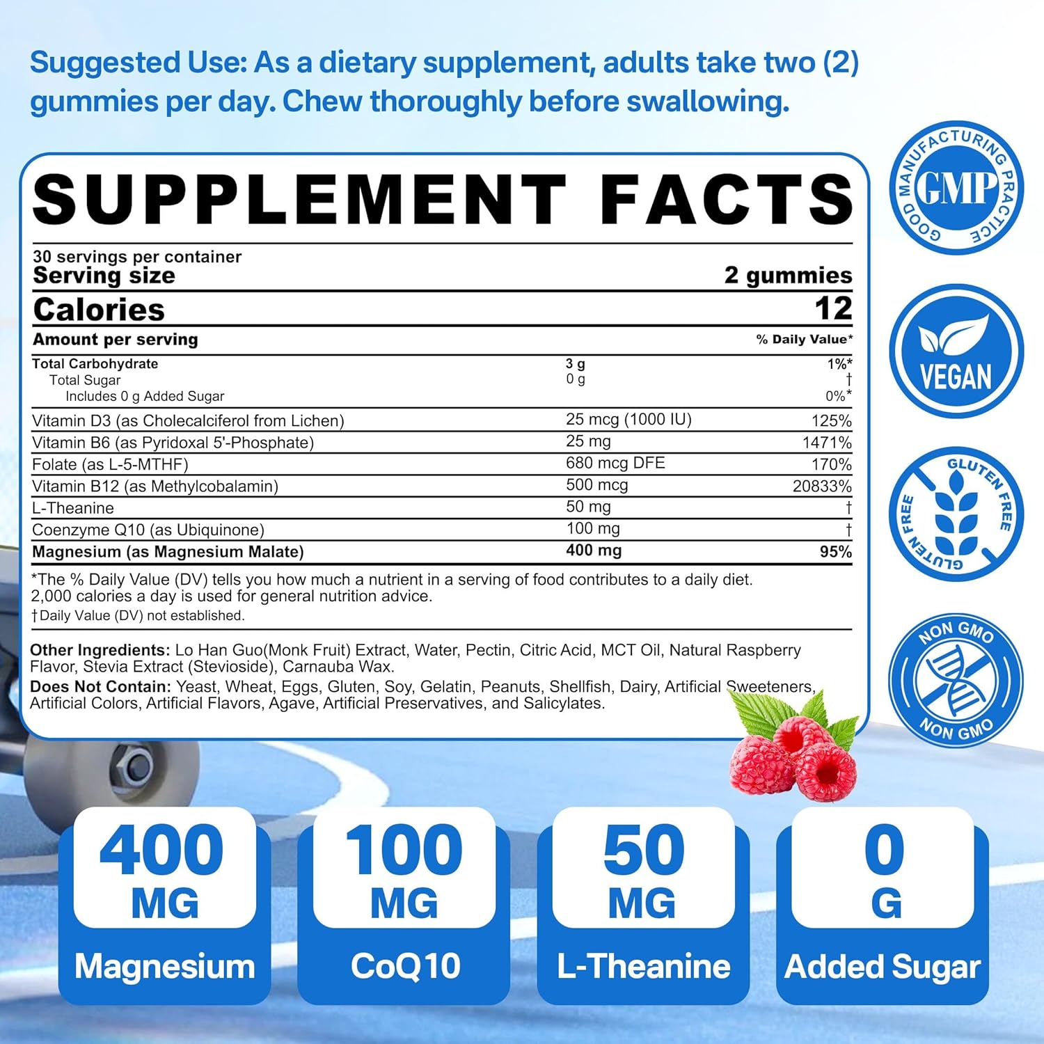 400mg Magnesium Malate Gummies with CoQ10, L-Theanine, and Vitamin D3 for Energy, Muscle, Calm & Relaxation Support - Sugar-Free Supplement with B6, B12, and Folate 5-MTHF - 1 Pack