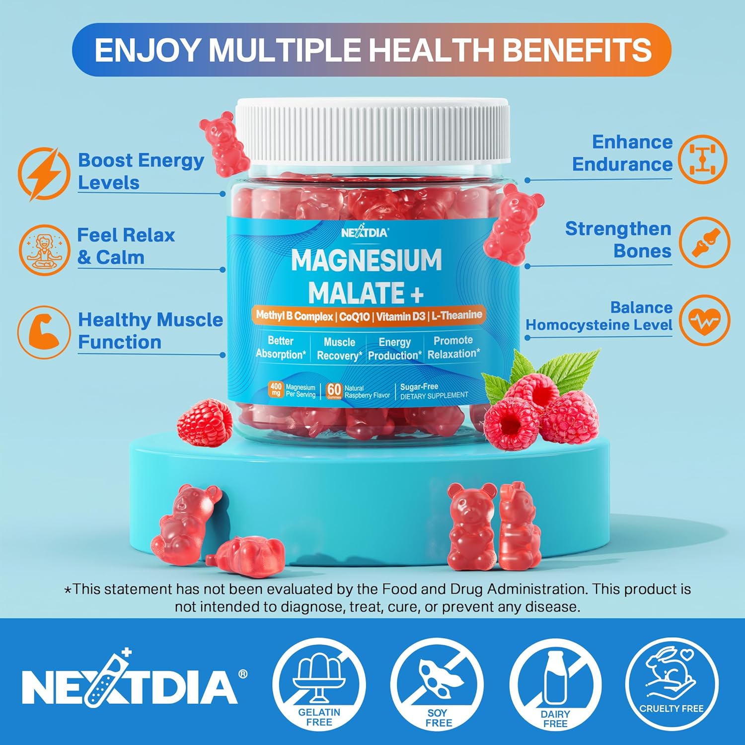 400mg Magnesium Malate Gummies with CoQ10, L-Theanine, and Vitamin D3 for Energy, Muscle, Calm & Relaxation Support - Sugar-Free Supplement with B6, B12, and Folate 5-MTHF - 1 Pack