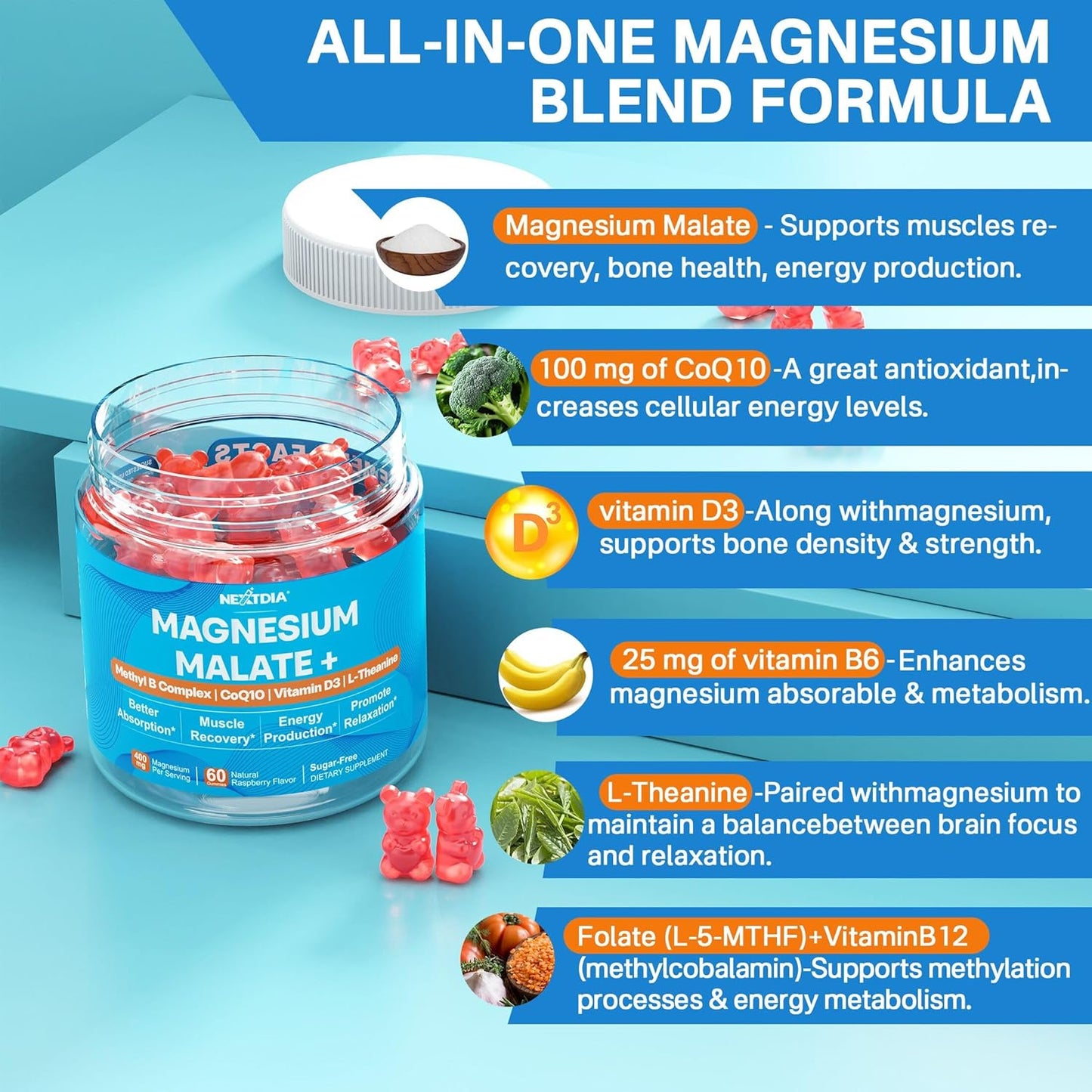 400mg Magnesium Malate Gummies with CoQ10, L-Theanine, and Vitamin D3 for Energy, Muscle, Calm & Relaxation Support - Sugar-Free Supplement with B6, B12, and Folate 5-MTHF - 1 Pack