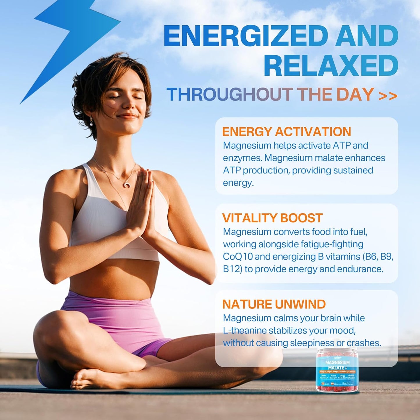 400mg Magnesium Malate Gummies with CoQ10, L-Theanine, and Vitamin D3 for Energy, Muscle, Calm & Relaxation Support - Sugar-Free Supplement with B6, B12, and Folate 5-MTHF - 1 Pack