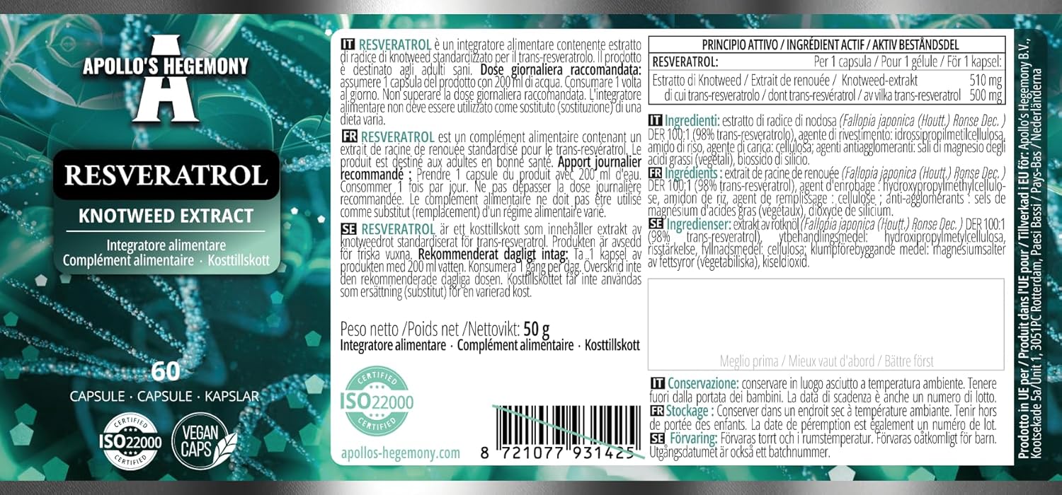 400mg Resveratrol Capsules - 60 Vegan Capsules - 2 Month Supply - High Dose Trans-Resveratrol - Antioxidant Supplement