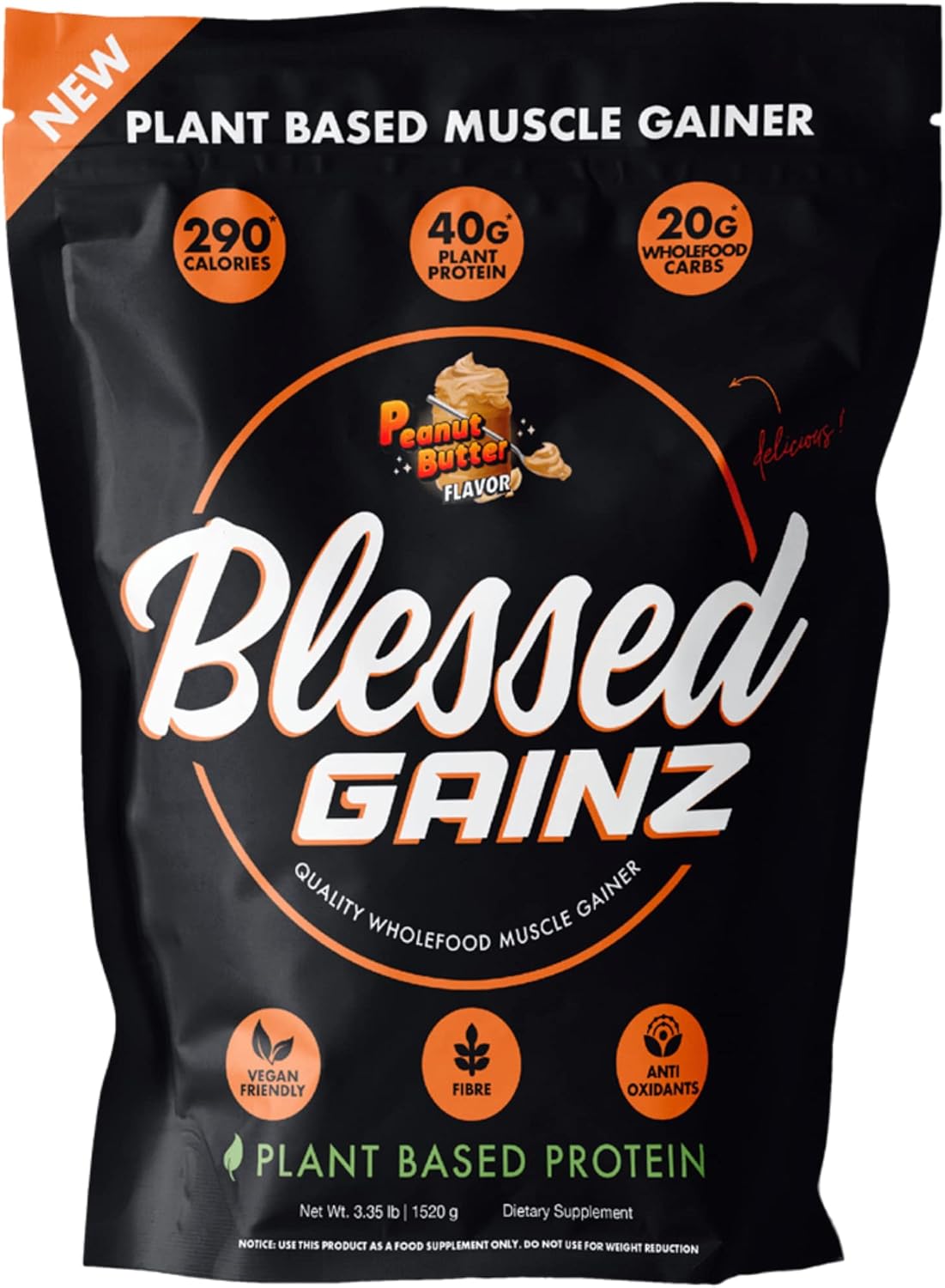 40g Plant Based Vegan Protein Powder Mass Gainer - Meal Replacement Shake with Pea Protein - 40 Servings (Peanut Butter)