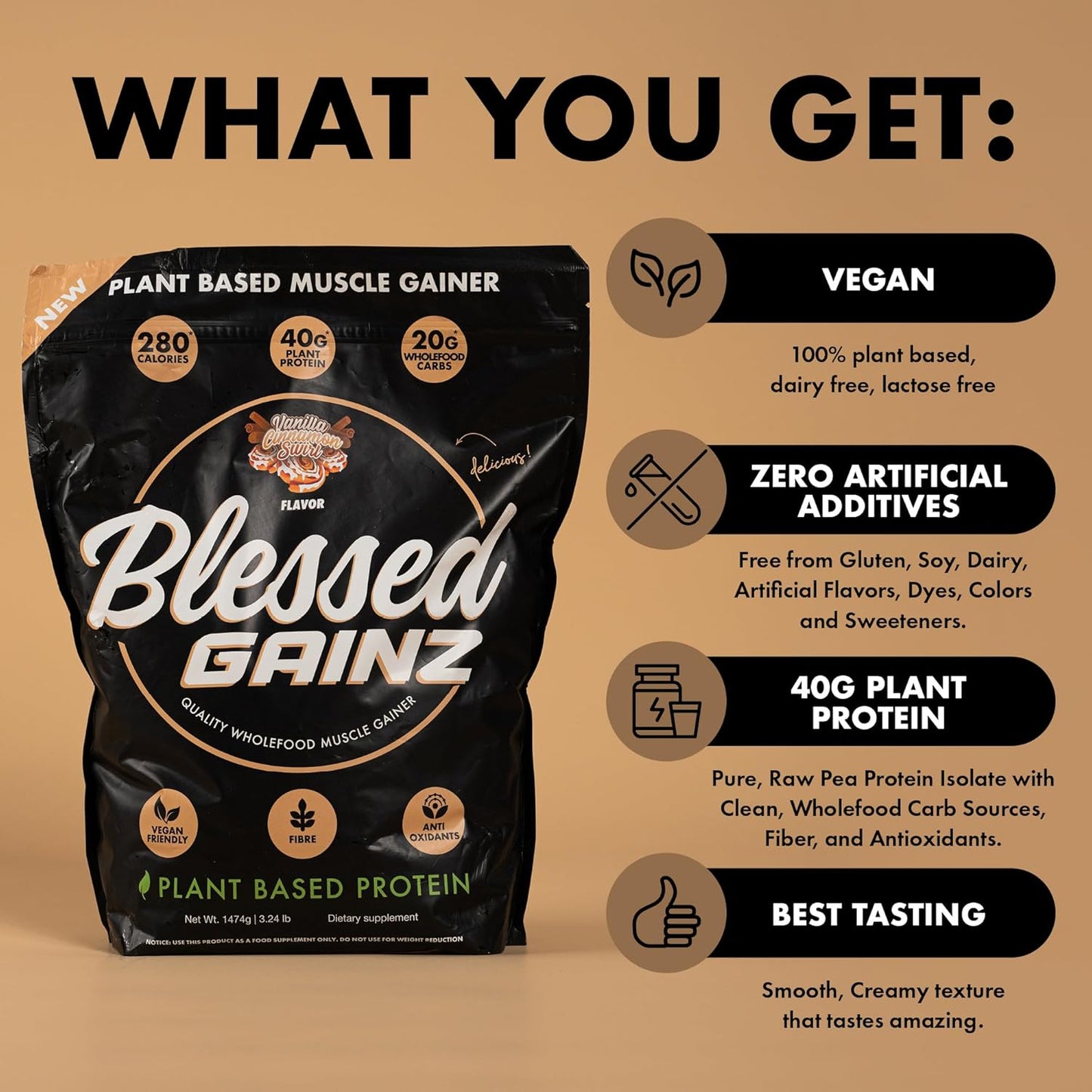 40g Plant Based Vegan Protein Powder Mass Gainer - Meal Replacement Shake with Pea Protein - 40 Servings (Peanut Butter)