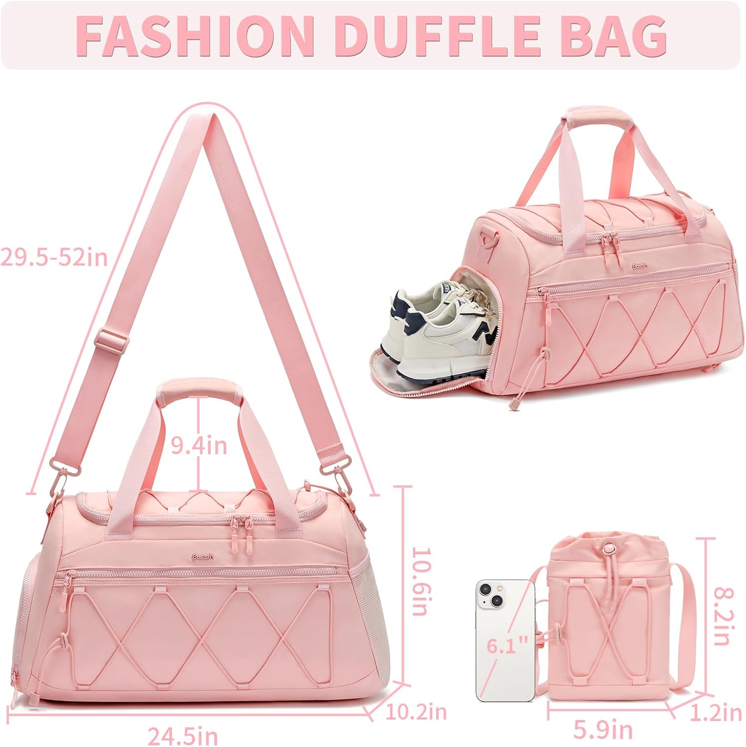 40L Sports Travel Duffel Bag Gym Backpack with Shoe Compartment for Women - Pink