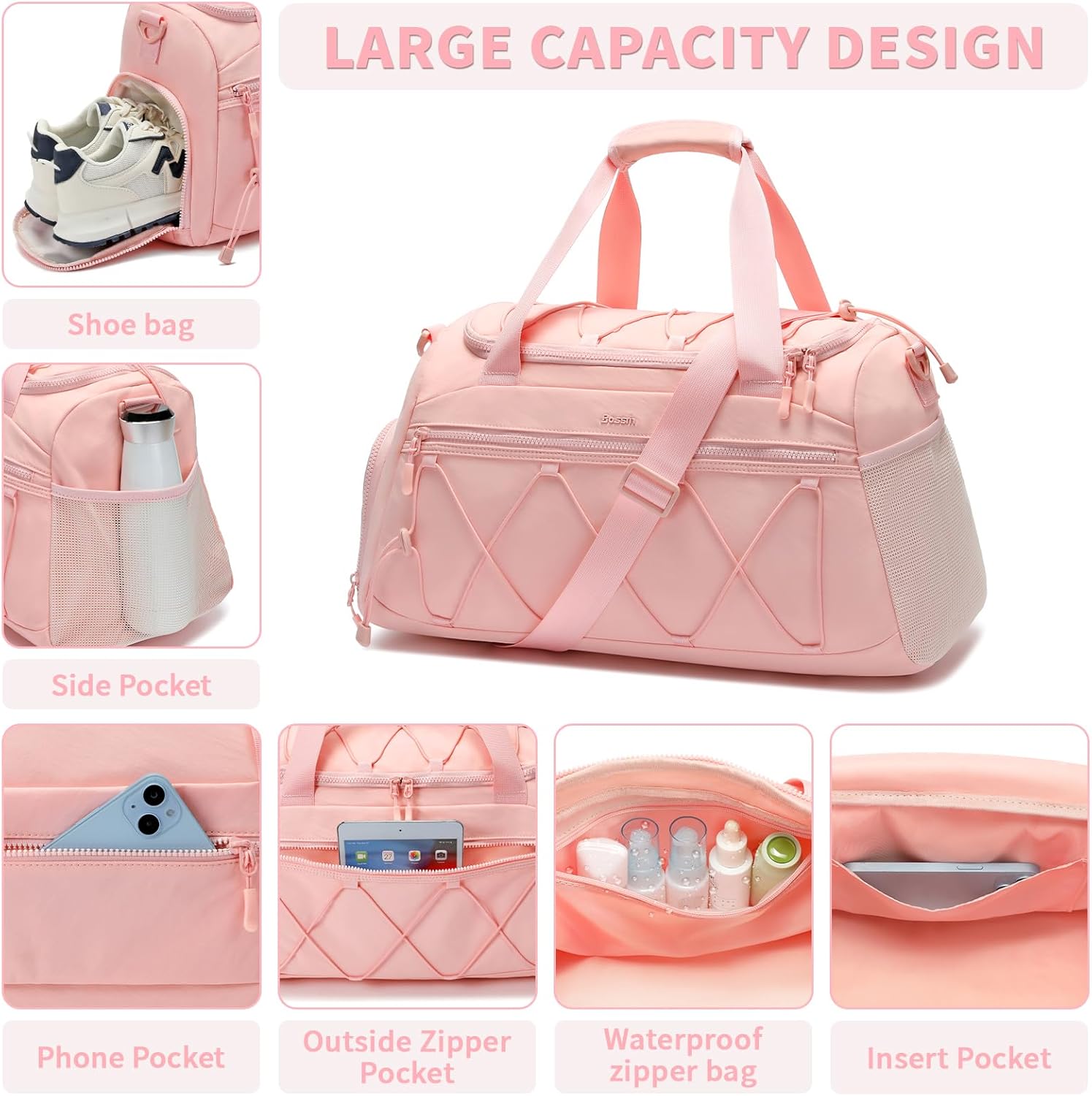 40L Sports Travel Duffel Bag Gym Backpack with Shoe Compartment for Women - Pink
