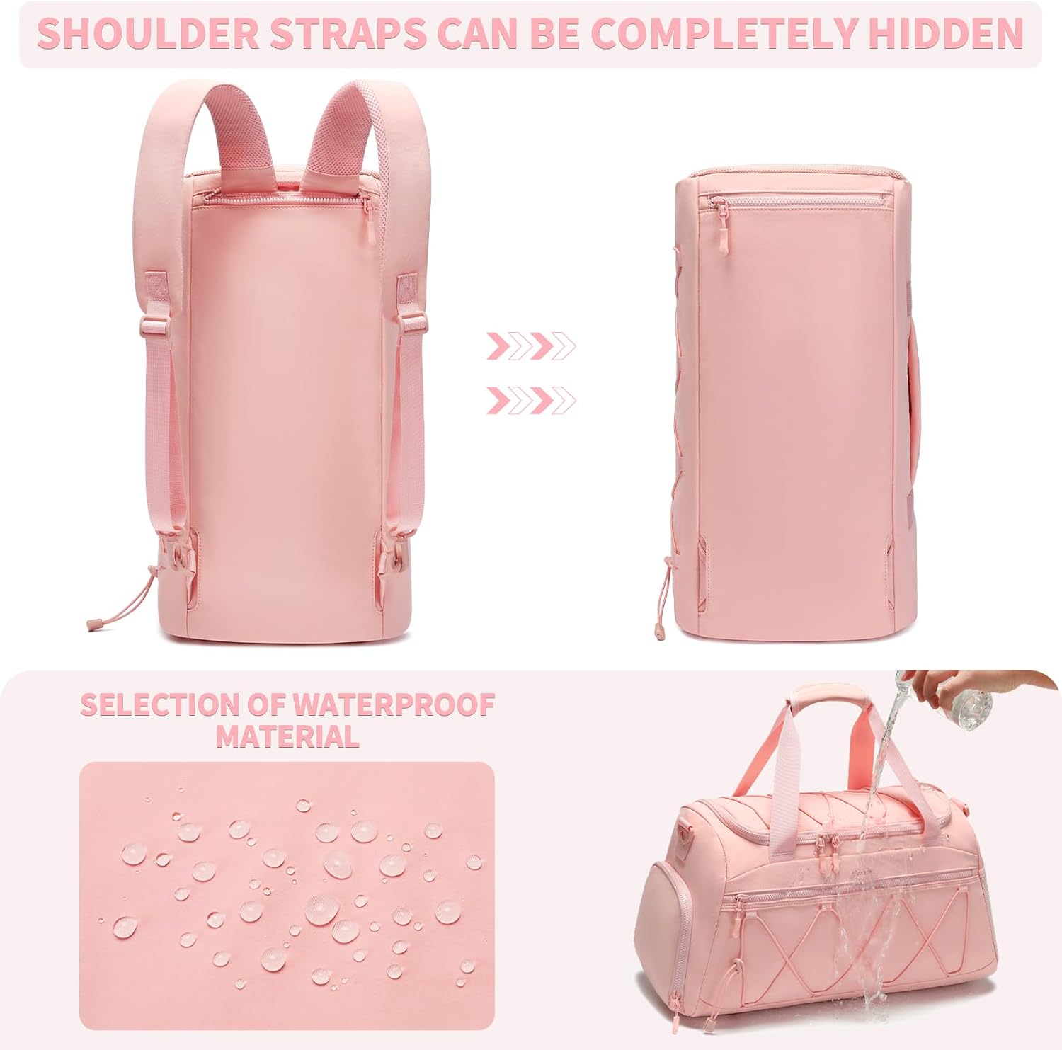 40L Sports Travel Duffel Bag Gym Backpack with Shoe Compartment for Women - Pink
