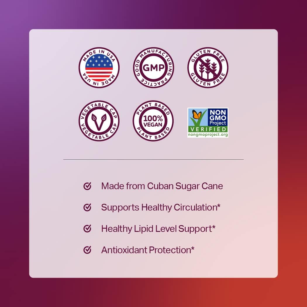 40mg Policosanol Supplement for Healthy Lipid Levels & Circulation - Cuban Sugarcane, Non-GMO, Gluten-Free Veggie Capsules - 120 Count