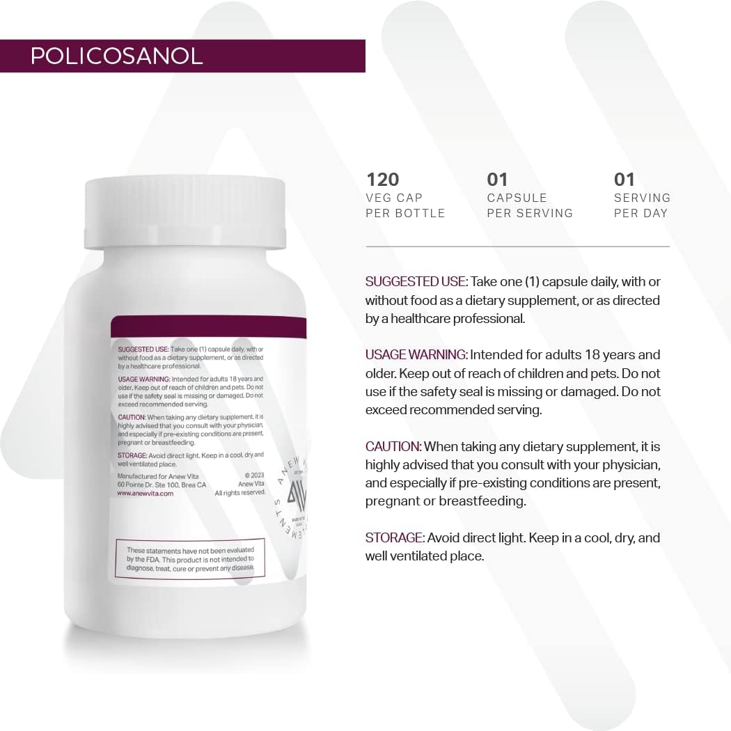 40mg Policosanol Supplement for Healthy Lipid Levels & Circulation - Cuban Sugarcane, Non-GMO, Gluten-Free Veggie Capsules - 120 Count