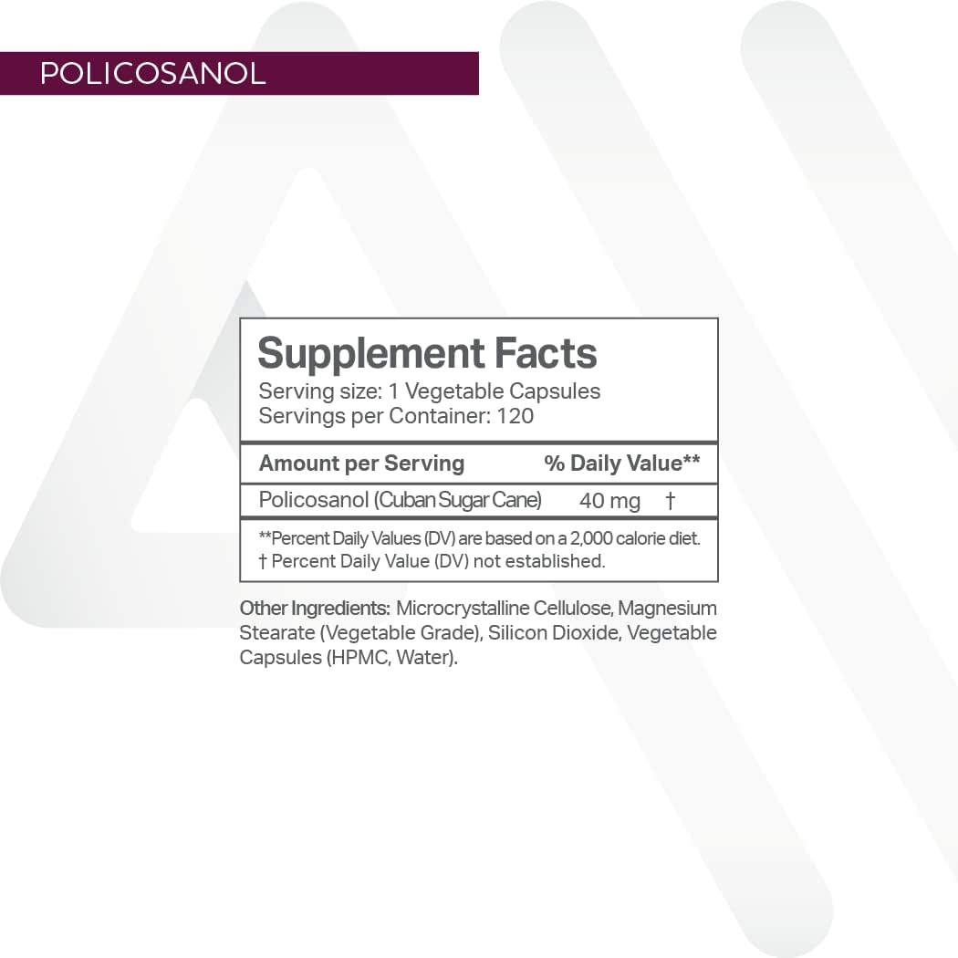 40mg Policosanol Supplement for Healthy Lipid Levels & Circulation - Cuban Sugarcane, Non-GMO, Gluten-Free Veggie Capsules - 120 Count