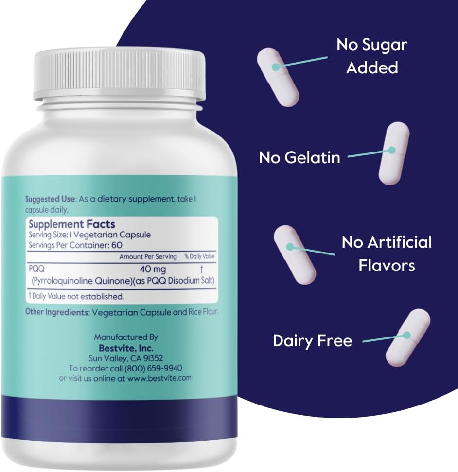 40mg PQQ Supplement (120 Capsules) - Pure Pyrroloquinoline Quinone, Vegan, Non-GMO, Gluten-Free - 2 Month Supply