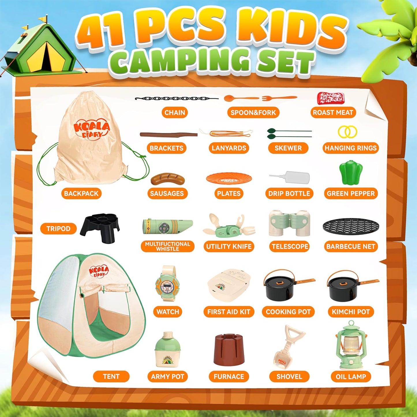 41-Piece Pretend Camping Set for Kids 3-5 with Pop Up Tent - Indoor/Outdoor Play Toys