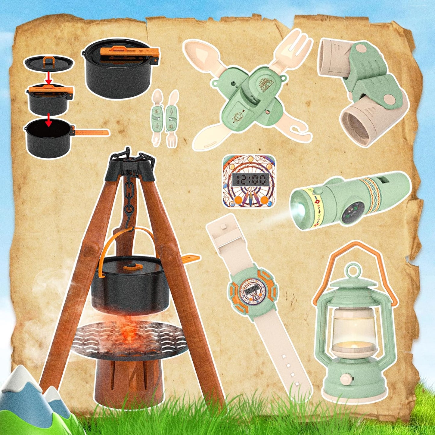 41-Piece Pretend Camping Set for Kids 3-5 with Pop Up Tent - Indoor/Outdoor Play Toys