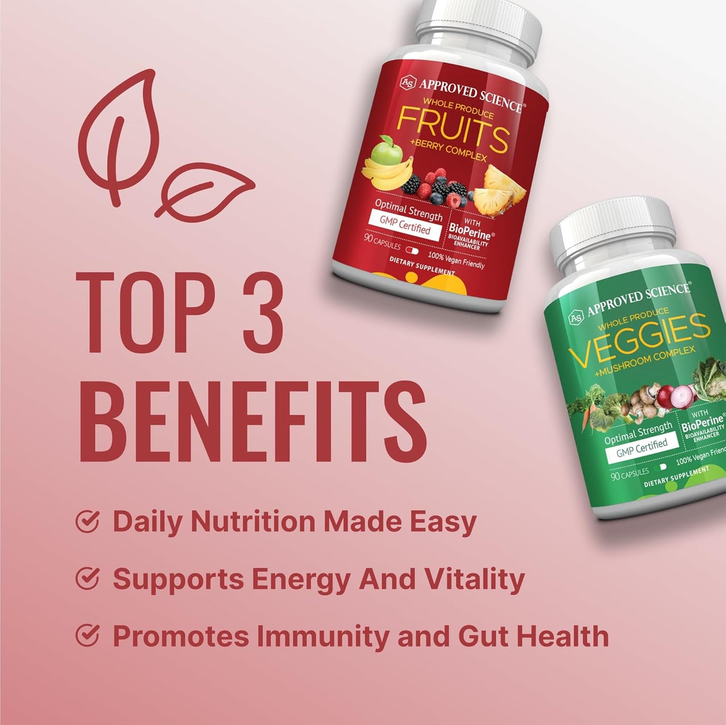 42 Whole Fruit and Veggie Supplement for Enhanced Health - Daily Natural Vitamins, Minerals, Antioxidants - 180 Capsules - 2-Month Supply by Approved Science