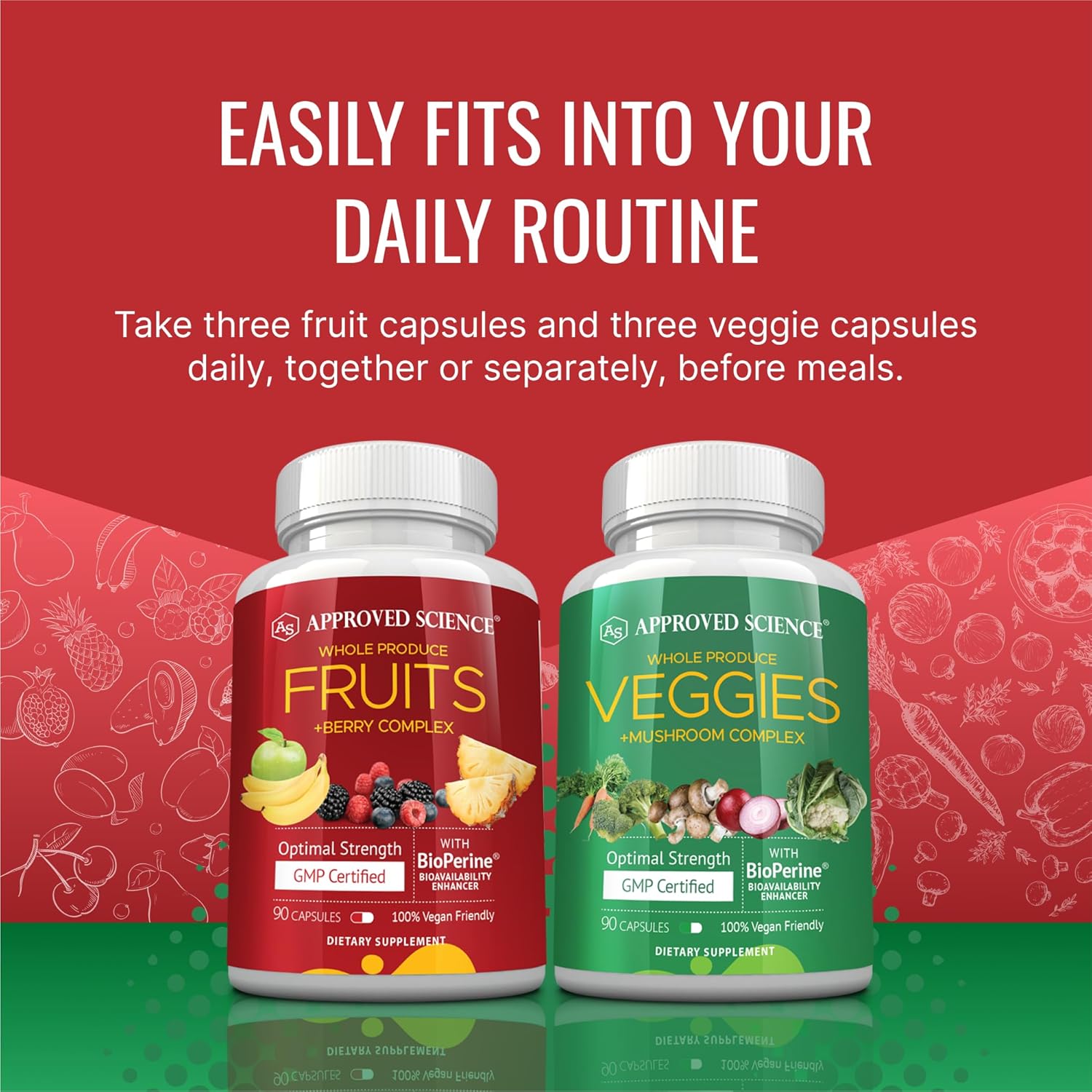 42 Whole Fruit and Veggie Supplement for Enhanced Health - Daily Natural Vitamins, Minerals, Antioxidants - 180 Capsules - 2-Month Supply by Approved Science