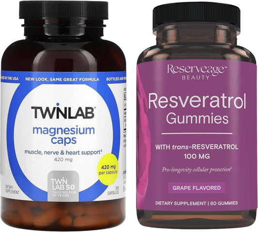 420 mg Twinlab Magnesium Capsules & 100 mg Reserveage Beauty Resveratrol Gummies - Stress Relief & Vegan - 200 Count, 1 Pack - BoostGo Australia