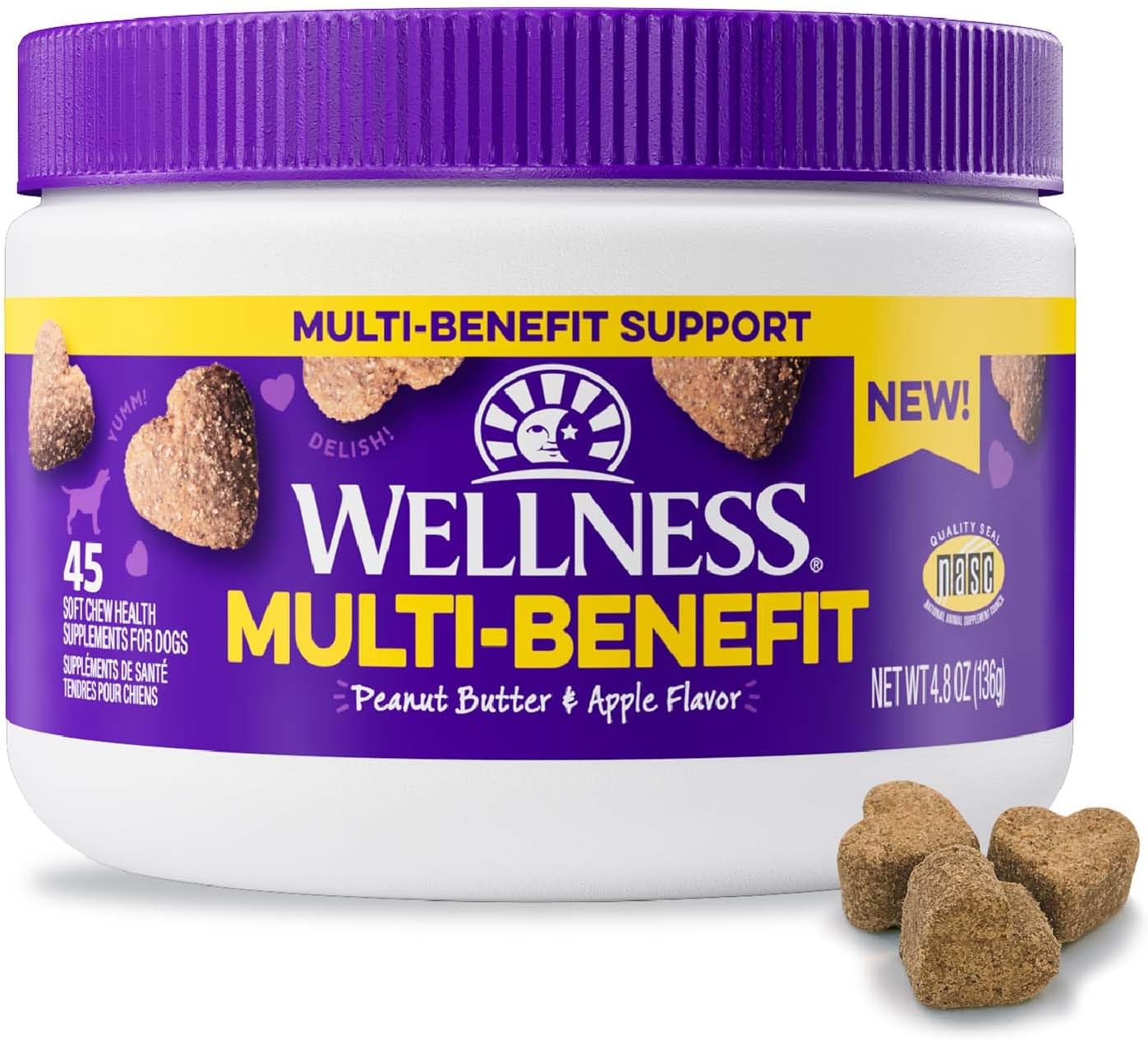 45 Count Wellness Soft Chews with Peanut Butter & Apple Flavor for Dog's Multi-Benefit Supplements
