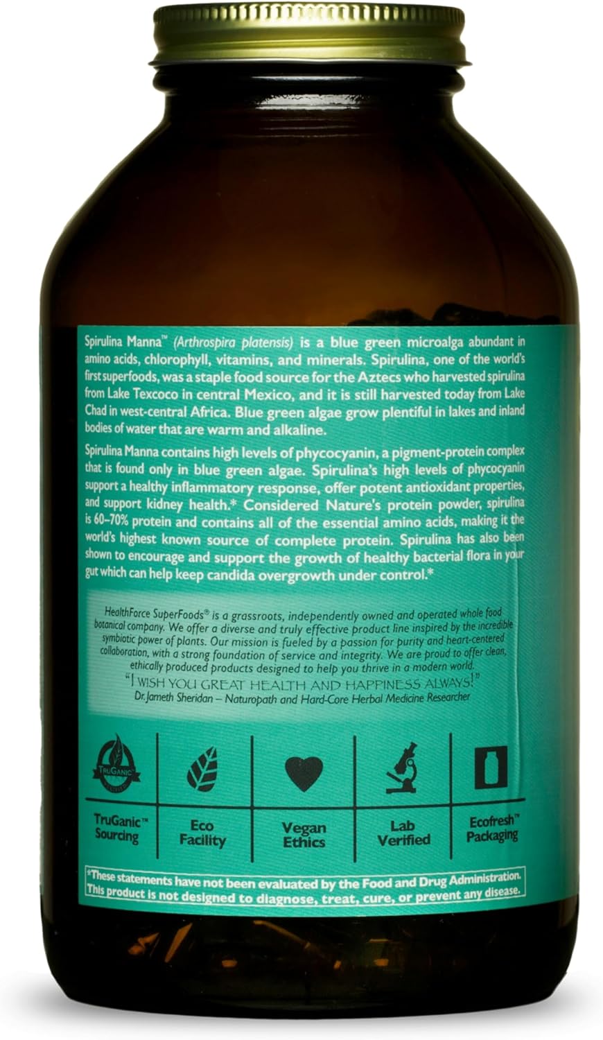450 Vegan Capsules of HealthForce SuperFoods Spirulina Manna - Easy-to-Take Dietary Supplement