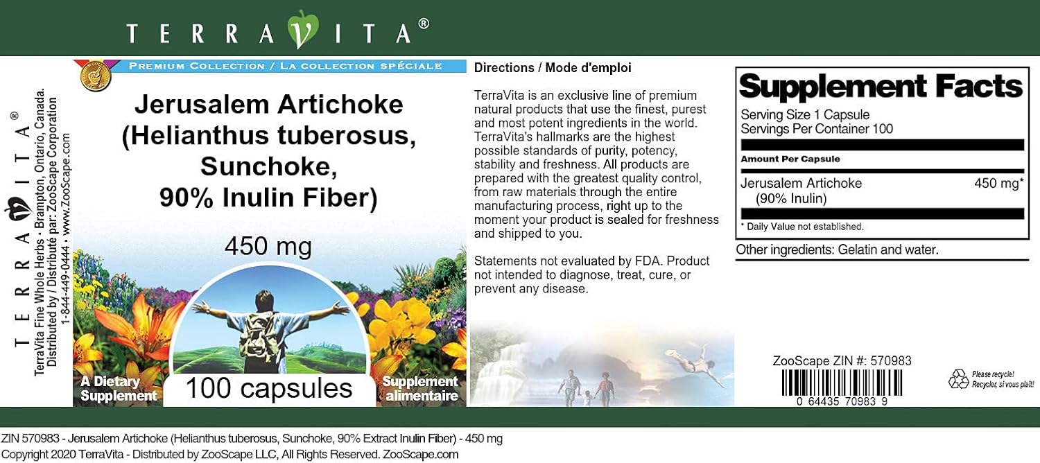 450mg Jerusalem Artichoke Capsules - High Inulin Fiber Content, Sunchoke Supplement for Digestive Health