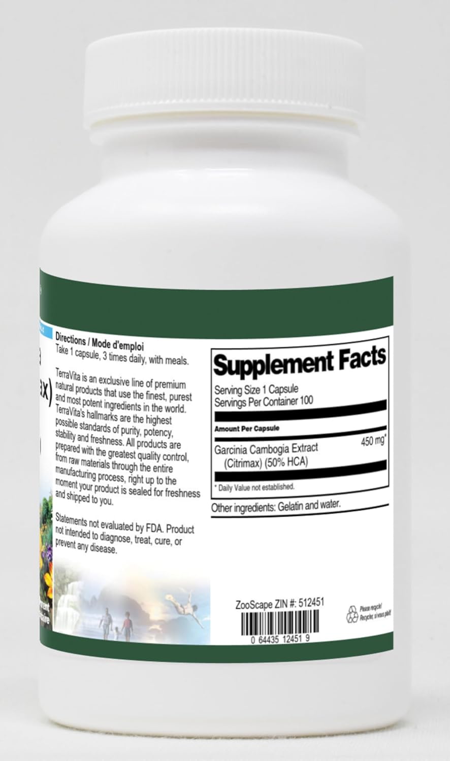 450mg Terravita Garcinia Cambogia Extract Capsules with 50% HCA - 100 Count