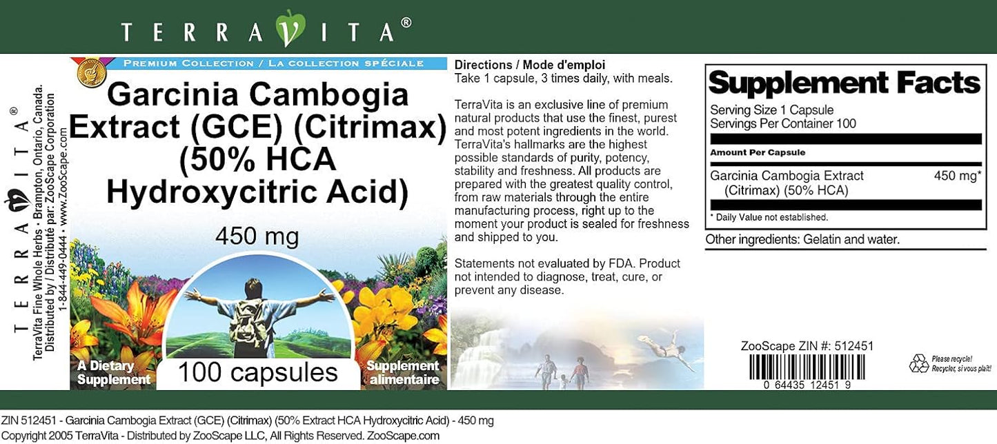 450mg Terravita Garcinia Cambogia Extract Capsules with 50% HCA - 100 Count