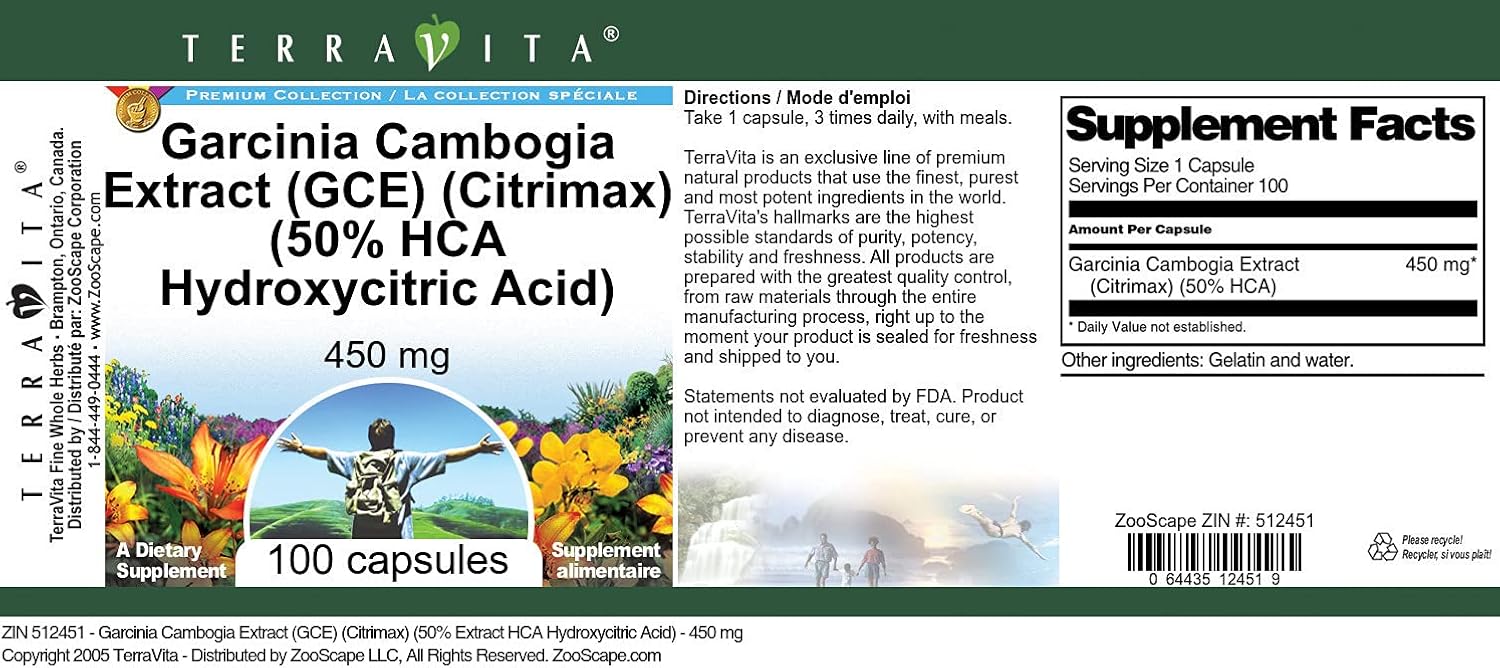 450mg Terravita Garcinia Cambogia Extract Capsules with 50% HCA - 100 Count