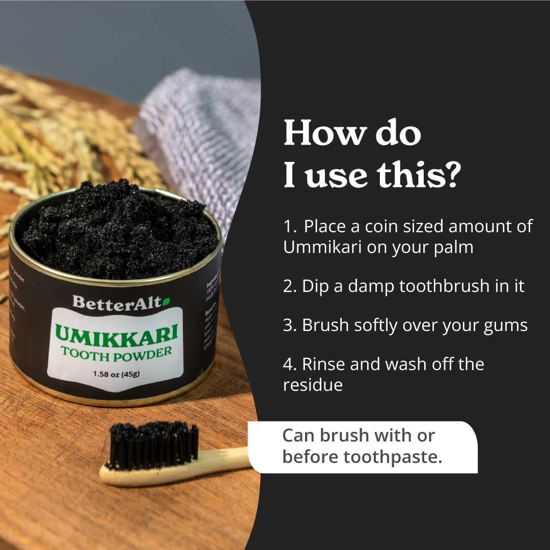 45g Alt Umikkari Charcoal Powder: Enamel Safe Formula, Rice Husk, Bad Breath Prevention, Natural & Chemical Free