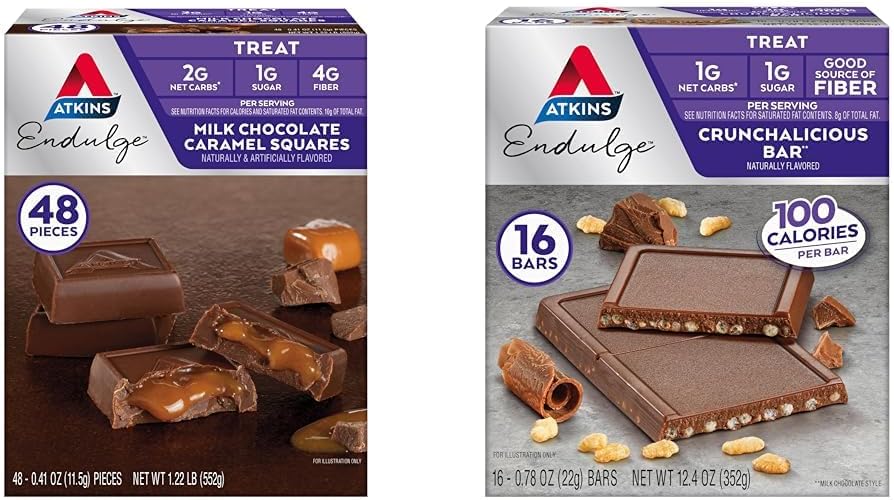 48 Count Atkins Endulge Milk Chocolate Caramel Squares & 16 Count Crunchalicious Chocolate Bars